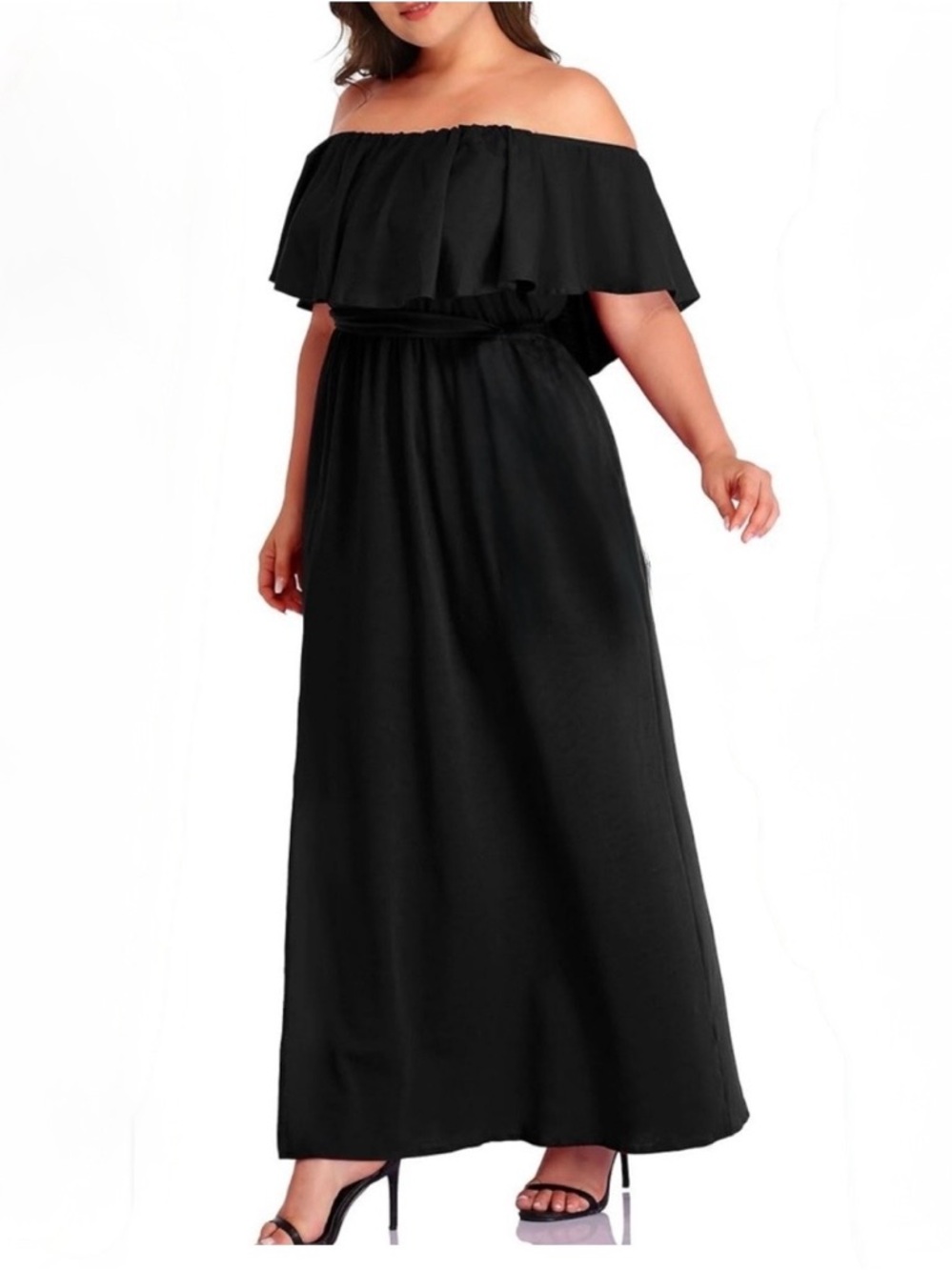 Ruffle Top Dress Black Size 1X Off the Shoulder Side Slit Elastic Waist